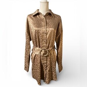 MIOU MUSE Leopard Print Satin Shirtdress   Bronze/Gold Size Medium